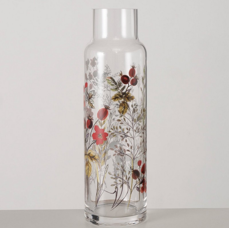 Vaso verticale in vetro decorato con rosa canina alto 30.5 cm, perfetto come decorazione autunnale